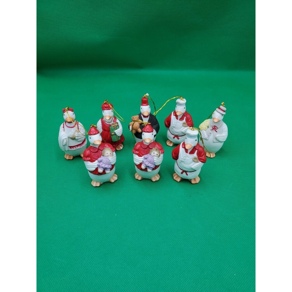 Lot of 8 Vintage Shackman White Kitschy Duck Porcelain Christmas Ornaments